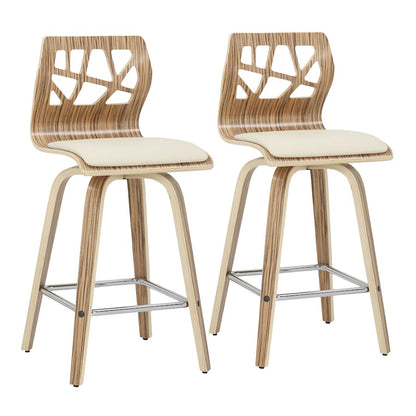 LumiSource Folia Counter Stool Set/2 | Mid-Century Zebra Wood & Cream PU | Kitchen Island & Breakfast Bar Seating | 26in | Model B26-FOLIA2-SWVSZBCR2