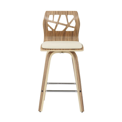 LumiSource Folia Counter Stool Set/2 | Mid-Century Zebra Wood & Cream PU | Kitchen Island & Breakfast Bar Seating | 26in | Model B26-FOLIA2-SWVSZBCR2