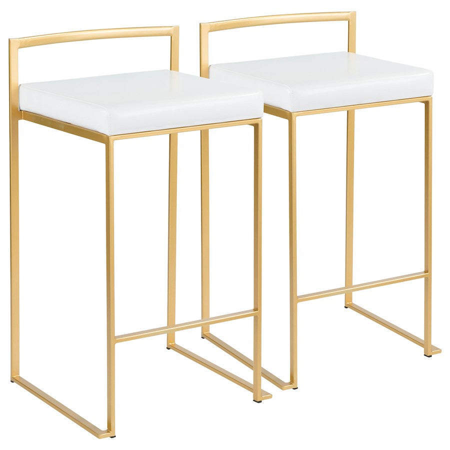 LumiSource Fuji Counter Stool Set of 2 | Glam Gold Metal and White Faux Leather | Kitchen Island & Dining Bar Seating | Model B26-FUJIAU-W2