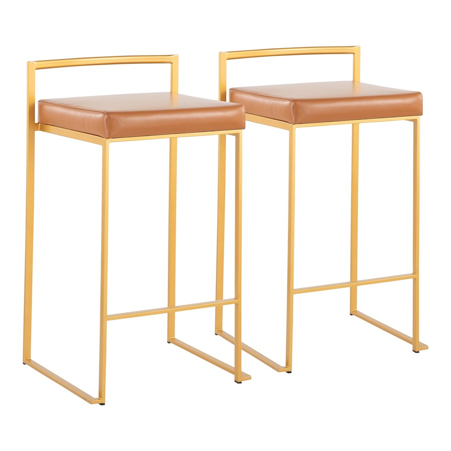 LumiSource Fuji Stacker Counter Stool Set of 2 | Glam Gold Steel & Camel PU Leather | Kitchen Island & Entertaining Seating | Model B26-FUJIAUCAM2