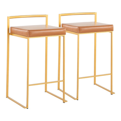 LumiSource Fuji Stacker Counter Stool Set of 2 | Glam Gold Steel & Camel PU Leather | Kitchen Island & Entertaining Seating | Model B26-FUJIAUCAM2