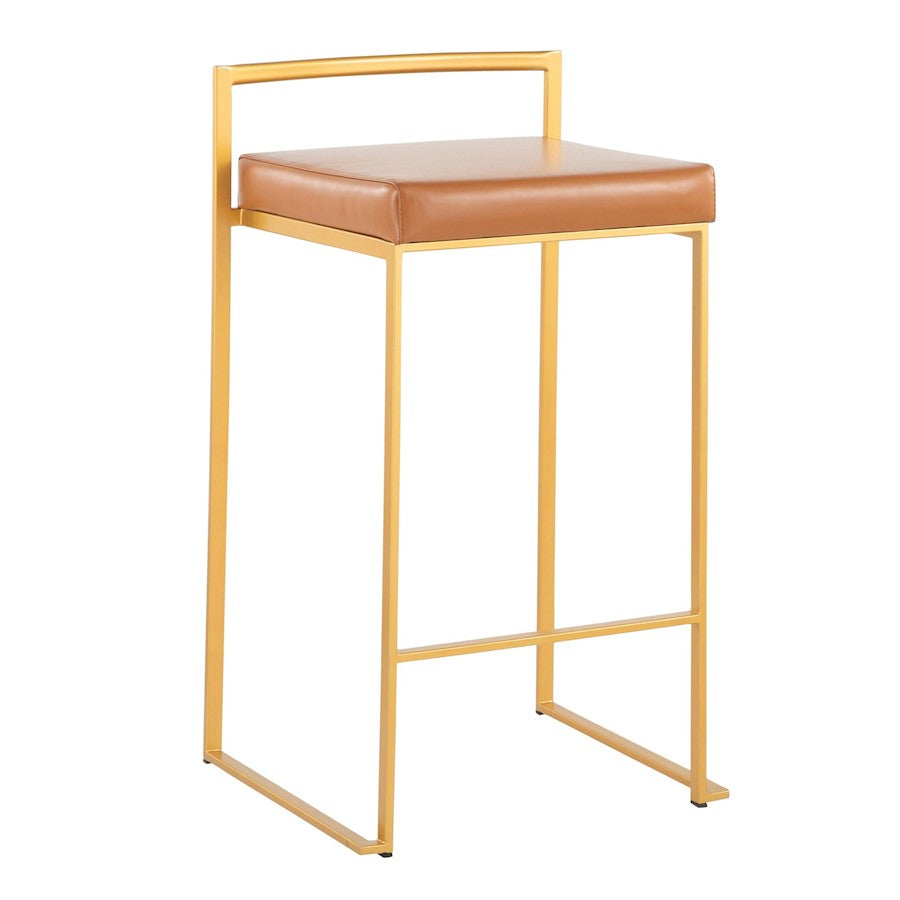 LumiSource Fuji Stacker Counter Stool Set of 2 | Glam Gold Steel & Camel PU Leather | Kitchen Island & Entertaining Seating | Model B26-FUJIAUCAM2