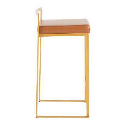 LumiSource Fuji Stacker Counter Stool Set of 2 | Glam Gold Steel & Camel PU Leather | Kitchen Island & Entertaining Seating | Model B26-FUJIAUCAM2