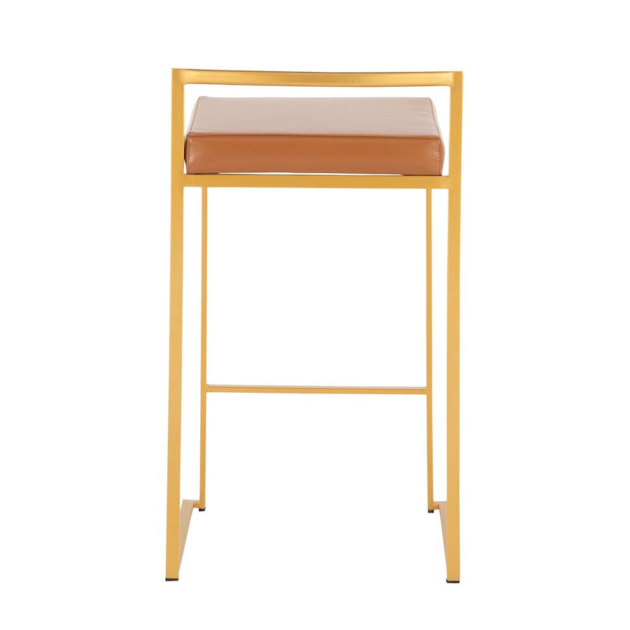 LumiSource Fuji Stacker Counter Stool Set of 2 | Glam Gold Steel & Camel PU Leather | Kitchen Island & Entertaining Seating | Model B26-FUJIAUCAM2