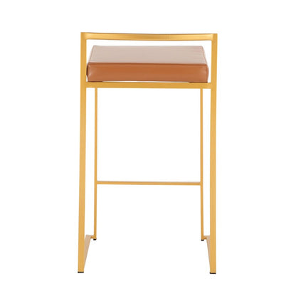 LumiSource Fuji Stacker Counter Stool Set of 2 | Glam Gold Steel & Camel PU Leather | Kitchen Island & Entertaining Seating | Model B26-FUJIAUCAM2