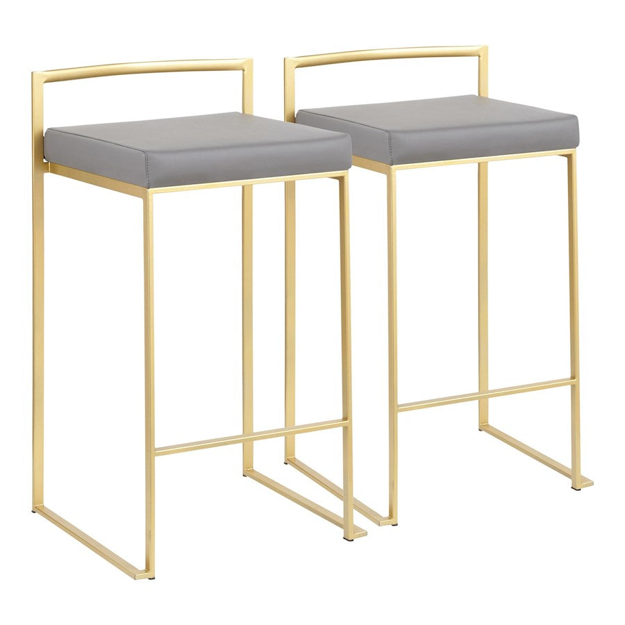 LumiSource Fuji Counter Stool Set of 2 | Glam Gold Metal & Grey PU Leather | Kitchen Island & Entertaining Seating | Model B26-FUJIAUGY2