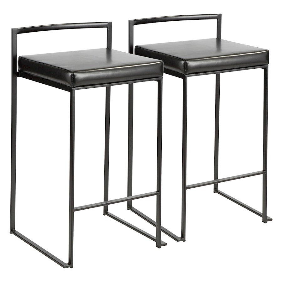 LumiSource Fuji Stackable Counter Stool Set of 2 | Contemporary Black Metal & PU Leather | Kitchen Island & Bar Seating | Model B26-FUJIBK-BK2
