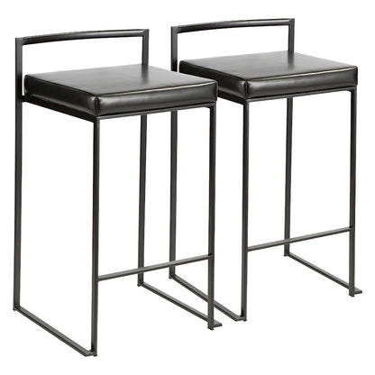 LumiSource Fuji Stackable Counter Stool Set of 2 | Contemporary Black Metal & PU Leather | Kitchen Island & Bar Seating | Model B26-FUJIBK-BK2