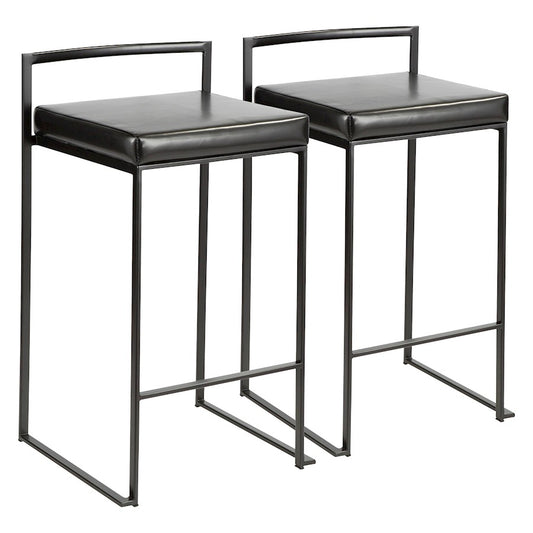 LumiSource Fuji Stackable Counter Stool Set of 2 | Contemporary Black Metal & PU Leather | Kitchen Island & Bar Seating | Model B26-FUJIBK-BK2