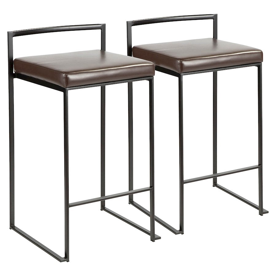 LumiSource Fuji 16in Stackable Counter Stool Set/2 | Contemporary Black Steel and Brown PU Leather | Kitchen Island & Dining | Model B26-FUJIBK-BN2