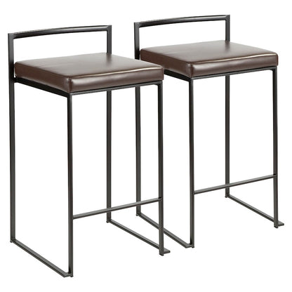 LumiSource Fuji 16in Stackable Counter Stool Set/2 | Contemporary Black Steel and Brown PU Leather | Kitchen Island & Dining | Model B26-FUJIBK-BN2