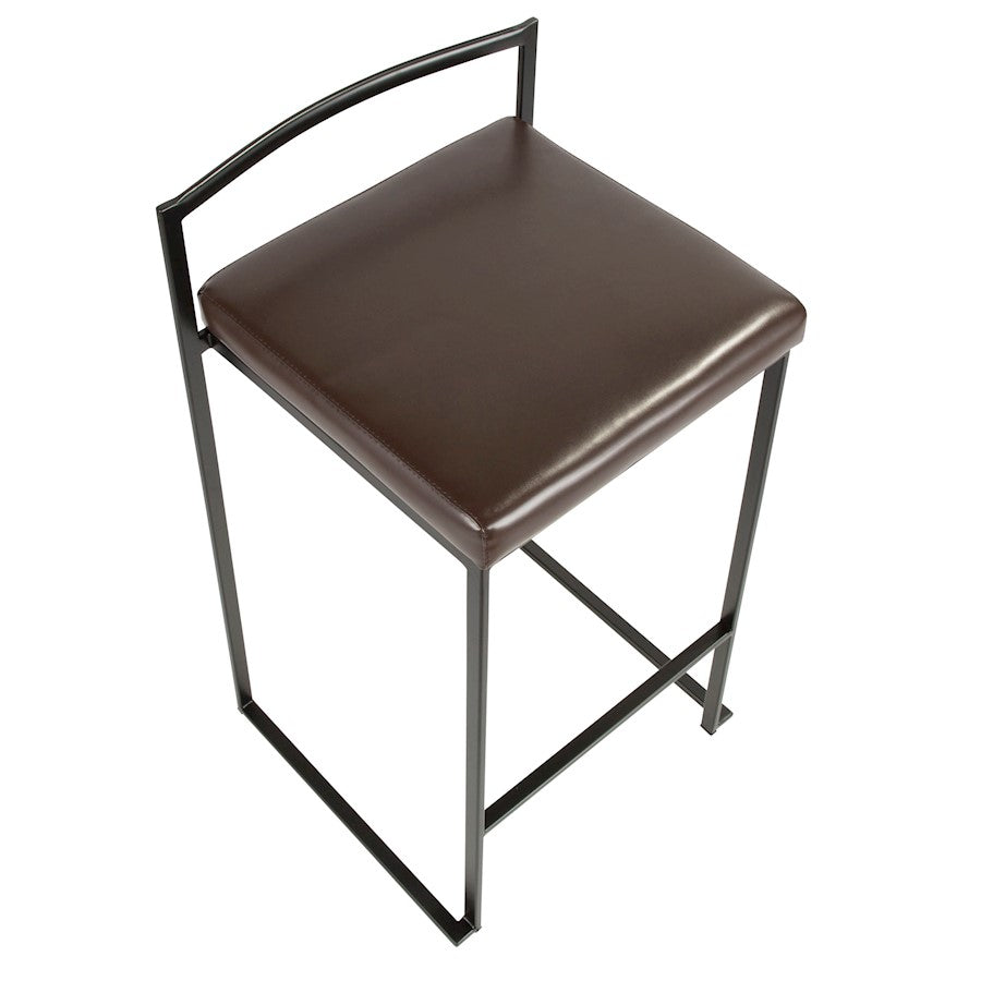 LumiSource Fuji 16in Stackable Counter Stool Set/2 | Contemporary Black Steel and Brown PU Leather | Kitchen Island & Dining | Model B26-FUJIBK-BN2