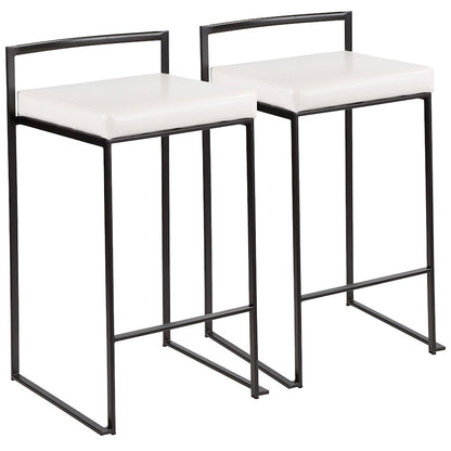 LumiSource Fuji Stackable Counter Stool Set of 2 | Contemporary Black Metal and White PU Leather | Kitchen Island & Dining | Model B26-FUJIBK-W2