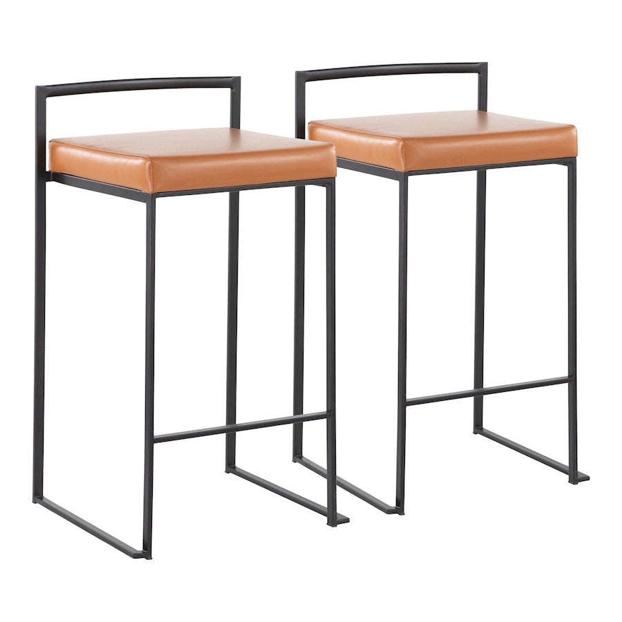 LumiSource Fuji 16in Stackable Counter Stool Set/2 | Contemporary Black Steel and Camel PU Leather | Kitchen Island & Dining | Model B26-FUJIBKCAM2