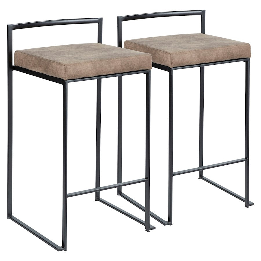 LumiSource Fuji 16in Stackable Counter Stool Set/2 | Contemporary Black Steel and Brown Cowboy Fabric | Kitchen Island | Model B26-FUJIBKFBN2