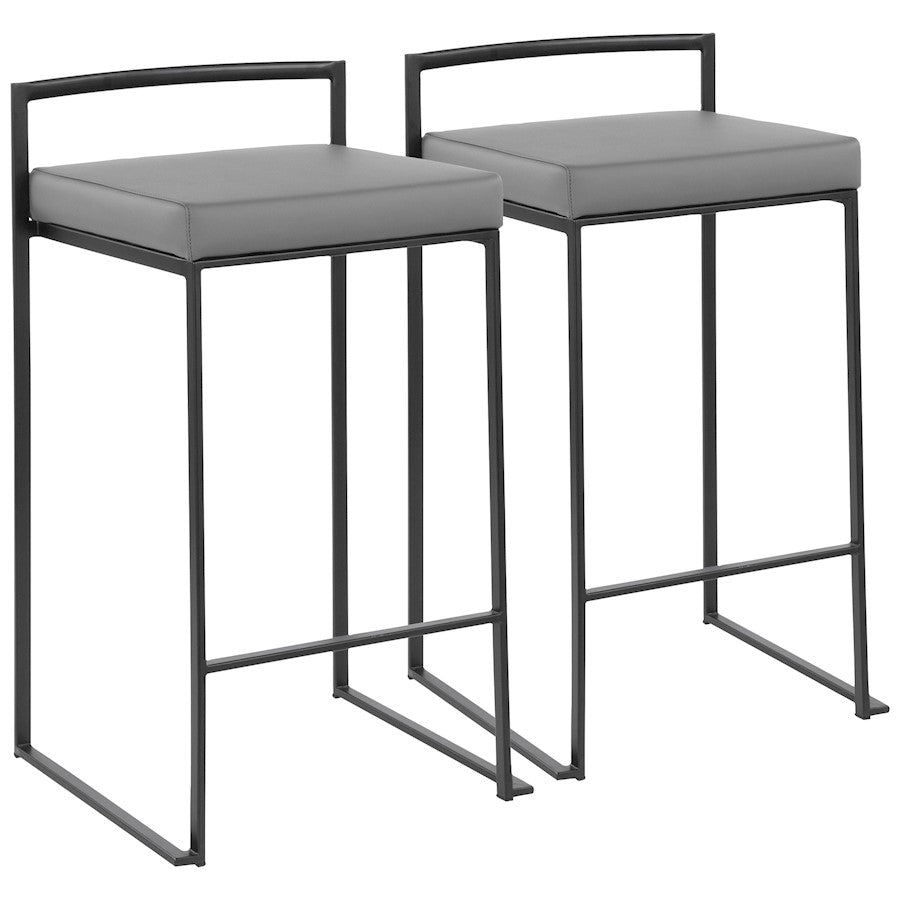 LumiSource Fuji 16in Stackable Counter Stool Set/2 | Contemporary Black Steel and Grey PU Leather | Kitchen Island & Dining | Model B26-FUJIBKGY2