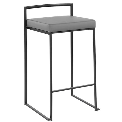 LumiSource Fuji 16in Stackable Counter Stool Set/2 | Contemporary Black Steel and Grey PU Leather | Kitchen Island & Dining | Model B26-FUJIBKGY2