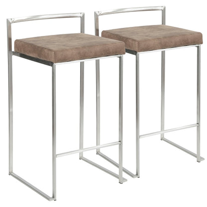 LumiSource Fuji Counter Stool Set/2 | Stainless Steel and Brown Cowboy Fabric | Kitchen Island & Dining Room Seating | Model B26-FUJIFBN2