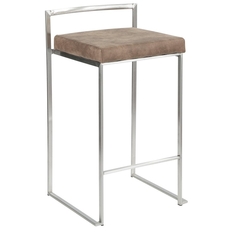LumiSource Fuji Counter Stool Set/2 | Stainless Steel and Brown Cowboy Fabric | Kitchen Island & Dining Room Seating | Model B26-FUJIFBN2