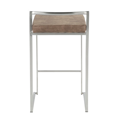 LumiSource Fuji Counter Stool Set/2 | Stainless Steel and Brown Cowboy Fabric | Kitchen Island & Dining Room Seating | Model B26-FUJIFBN2