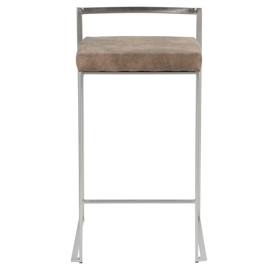 LumiSource Fuji Counter Stool Set/2 | Stainless Steel and Brown Cowboy Fabric | Kitchen Island & Dining Room Seating | Model B26-FUJIFBN2