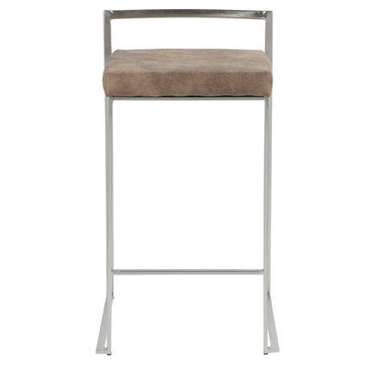 LumiSource Fuji Counter Stool Set/2 | Stainless Steel and Brown Cowboy Fabric | Kitchen Island & Dining Room Seating | Model B26-FUJIFBN2