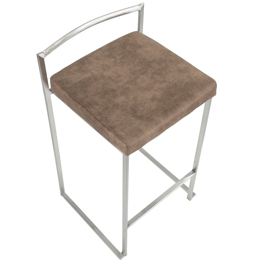 LumiSource Fuji Counter Stool Set/2 | Stainless Steel and Brown Cowboy Fabric | Kitchen Island & Dining Room Seating | Model B26-FUJIFBN2