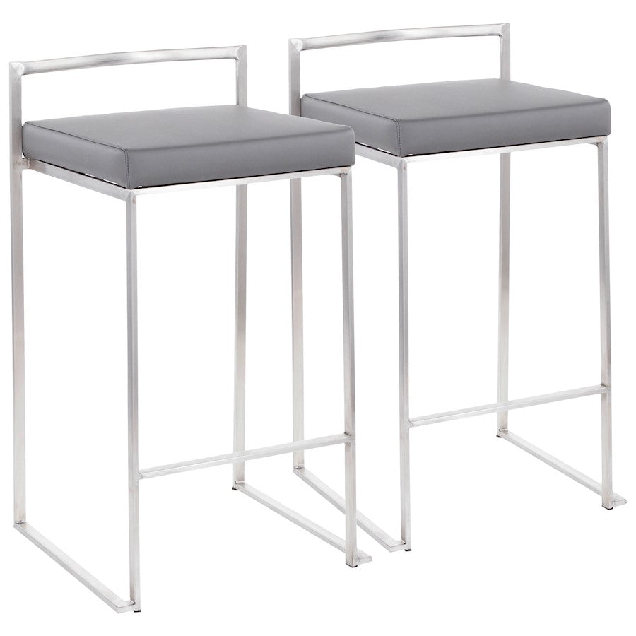 LumiSource Fuji Counter Stool Set/2 | Brushed Steel and Grey PU | Kitchen Island & Dining Room Seating | Model B26-FUJIGY2