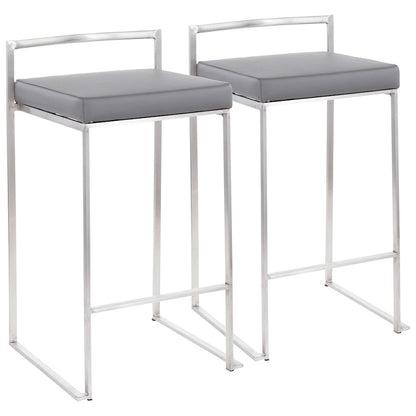 LumiSource Fuji Counter Stool Set/2 | Brushed Steel and Grey PU | Kitchen Island & Dining Room Seating | Model B26-FUJIGY2