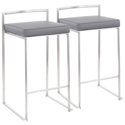 LumiSource Fuji Counter Stool Set/2 | Brushed Steel and Grey PU | Kitchen Island & Dining Room Seating | Model B26-FUJIGY2