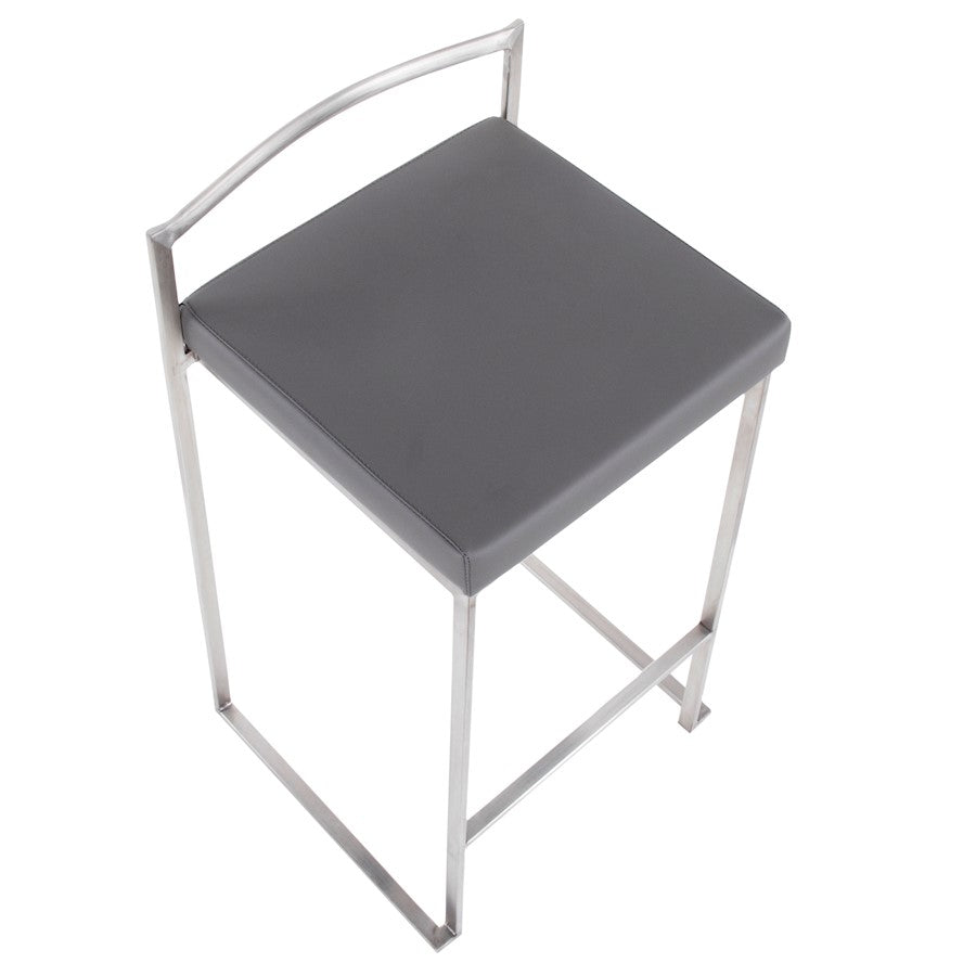 LumiSource Fuji Counter Stool Set/2 | Brushed Steel and Grey PU | Kitchen Island & Dining Room Seating | Model B26-FUJIGY2