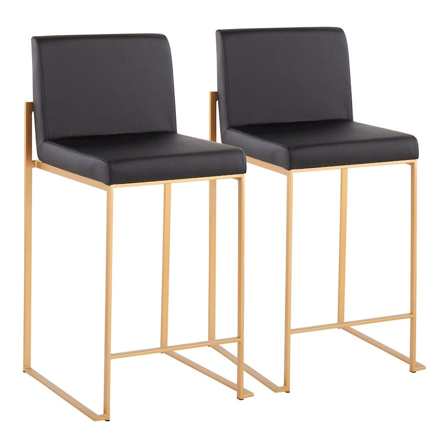 LumiSource Fuji High Back Counter Stool Set of 2 | Gold Steel and Black PU Leather | Kitchen Island & Bar Seating | Model B26-FUJIHBAUBK2
