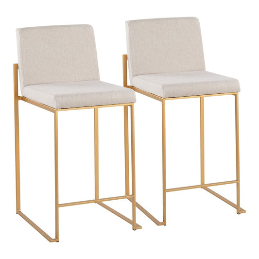 LumiSource Fuji High Back Counter Stool Set of 2 | Gold Steel and Beige Fabric | Kitchen Island & Bar Seating | Model B26-FUJIHBAUFBG2