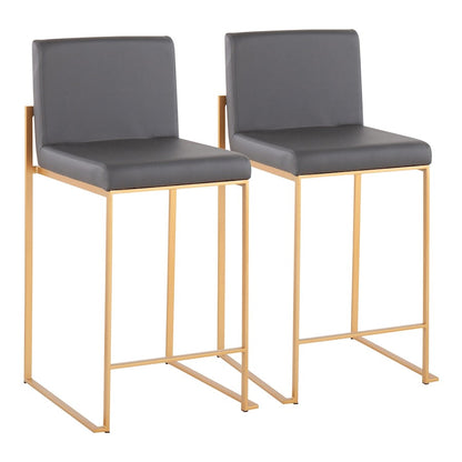LumiSource Fuji High Back Counter Stool Set of 2 | Gold Steel and Grey PU | Kitchen Island & Breakfast Bar Seating | Model B26-FUJIHBAUGY2