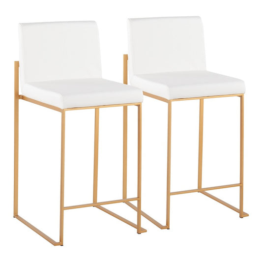 LumiSource Fuji High Back Counter Stool Set of 2 | Gold Steel and White PU | Kitchen Island & Breakfast Bar Seating | Model B26-FUJIHBAUW2