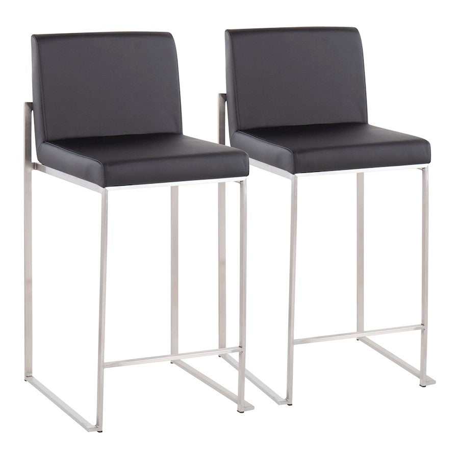 LumiSource Fuji High Back Counter Stool Set of 2 | Contemporary Black PU on Brushed Stainless Steel | Kitchen Island | Model B26-FUJIHBSSBK2