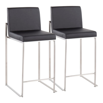 LumiSource Fuji High Back Counter Stool Set of 2 | Contemporary Black PU on Brushed Stainless Steel | Kitchen Island | Model B26-FUJIHBSSBK2