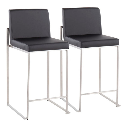 LumiSource Fuji High Back Counter Stool Set of 2 | Contemporary Black PU on Brushed Stainless Steel | Kitchen Island | Model B26-FUJIHBSSBK2