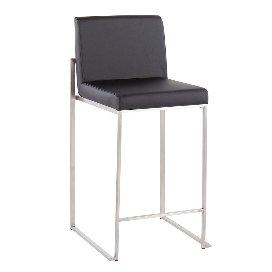 LumiSource Fuji High Back Counter Stool Set of 2 | Contemporary Black PU on Brushed Stainless Steel | Kitchen Island | Model B26-FUJIHBSSBK2