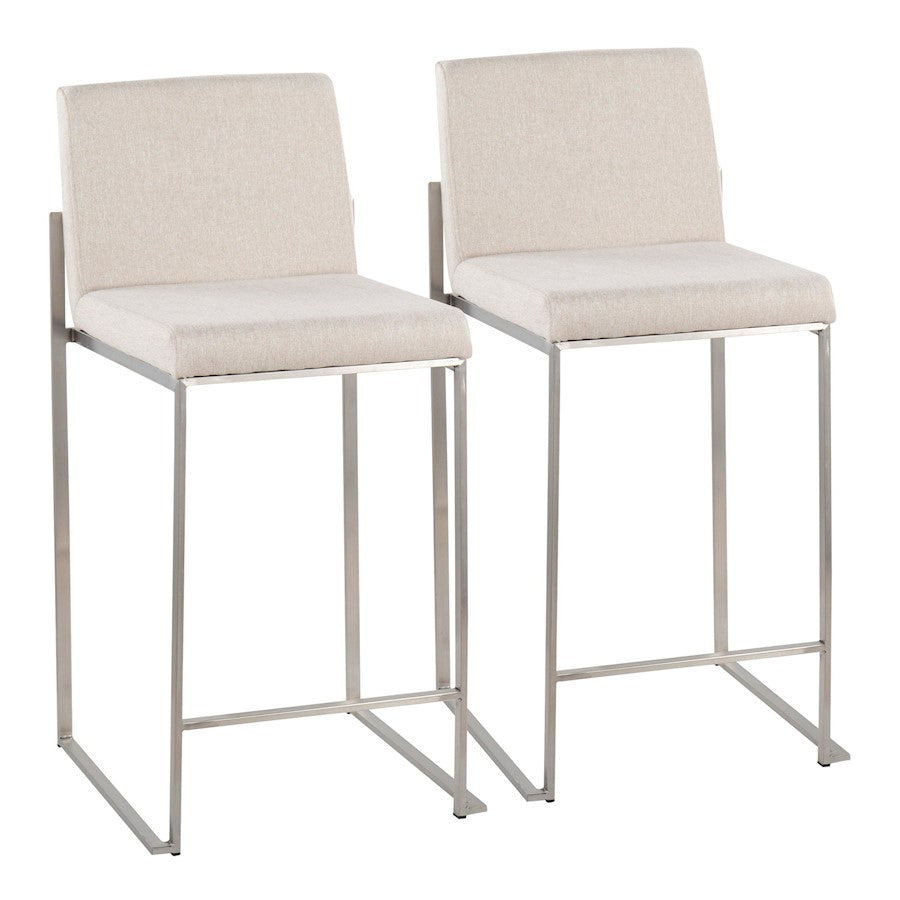 LumiSource Fuji High Back Counter Stool Set of 2 | Contemporary Beige Fabric on Brushed Stainless Steel | Kitchen Island | Model B26-FUJIHBSSFBG2