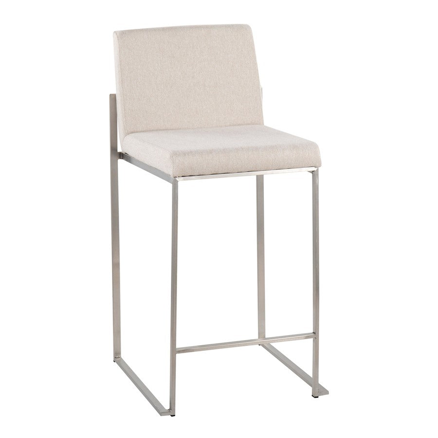 LumiSource Fuji High Back Counter Stool Set of 2 | Contemporary Beige Fabric on Brushed Stainless Steel | Kitchen Island | Model B26-FUJIHBSSFBG2