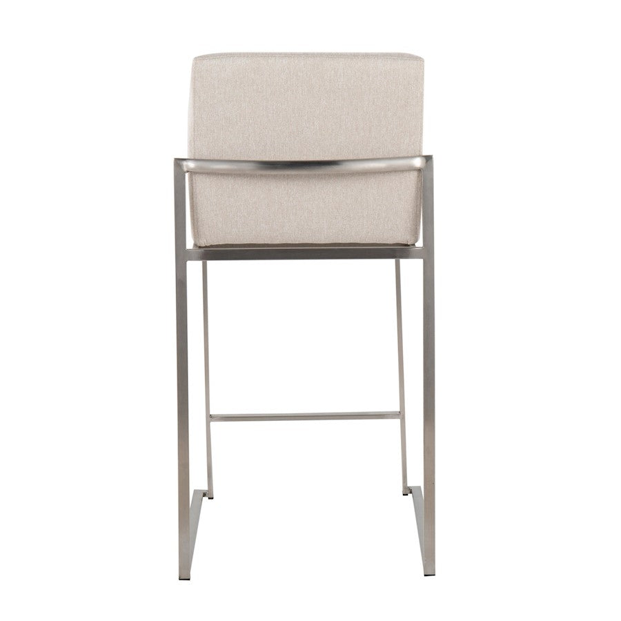 LumiSource Fuji High Back Counter Stool Set of 2 | Contemporary Beige Fabric on Brushed Stainless Steel | Kitchen Island | Model B26-FUJIHBSSFBG2