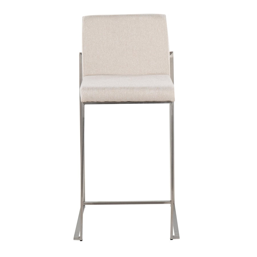 LumiSource Fuji High Back Counter Stool Set of 2 | Contemporary Beige Fabric on Brushed Stainless Steel | Kitchen Island | Model B26-FUJIHBSSFBG2