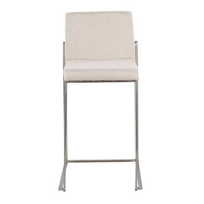 LumiSource Fuji High Back Counter Stool Set of 2 | Contemporary Beige Fabric on Brushed Stainless Steel | Kitchen Island | Model B26-FUJIHBSSFBG2