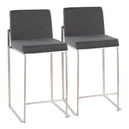LumiSource Fuji High Back Counter Stool Set of 2 | Contemporary Charcoal Fabric on Brushed Stainless Steel | Kitchen | Model B26-FUJIHBSSFCHAR2