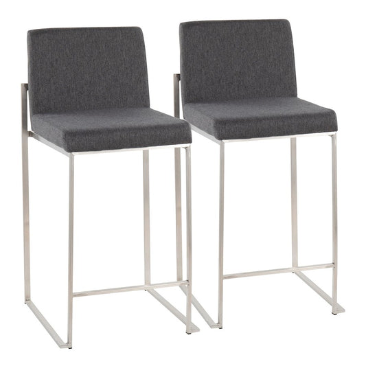 LumiSource Fuji High Back Counter Stool Set of 2 | Contemporary Charcoal Fabric on Brushed Stainless Steel | Kitchen | Model B26-FUJIHBSSFCHAR2