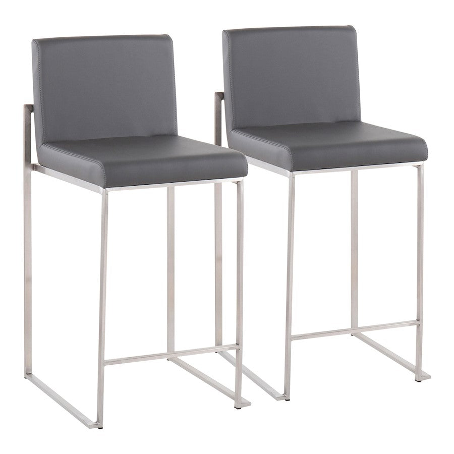 LumiSource Fuji High Back Counter Stool Set of 2 | Contemporary Brushed Stainless Steel and Grey PU | Kitchen Island | Model B26-FUJIHBSSGY2