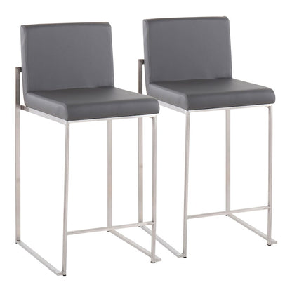 LumiSource Fuji High Back Counter Stool Set of 2 | Contemporary Brushed Stainless Steel and Grey PU | Kitchen Island | Model B26-FUJIHBSSGY2