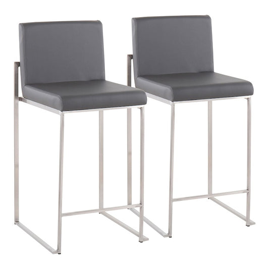 LumiSource Fuji High Back Counter Stool Set of 2 | Contemporary Brushed Stainless Steel and Grey PU | Kitchen Island | Model B26-FUJIHBSSGY2