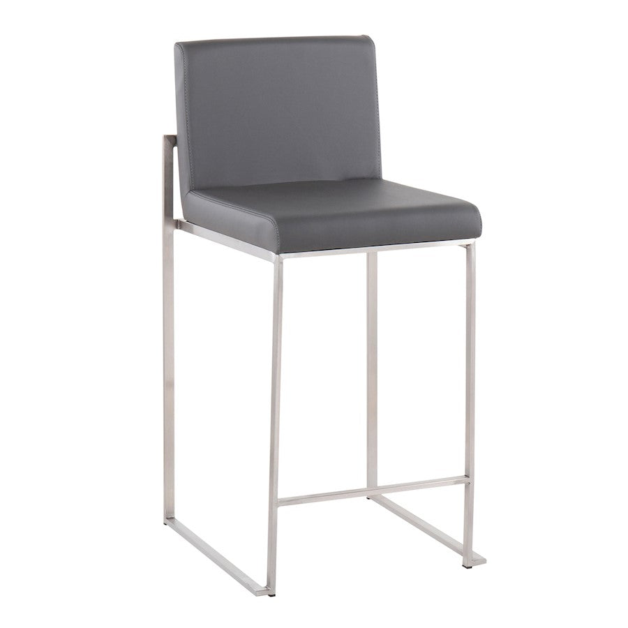 LumiSource Fuji High Back Counter Stool Set of 2 | Contemporary Brushed Stainless Steel and Grey PU | Kitchen Island | Model B26-FUJIHBSSGY2